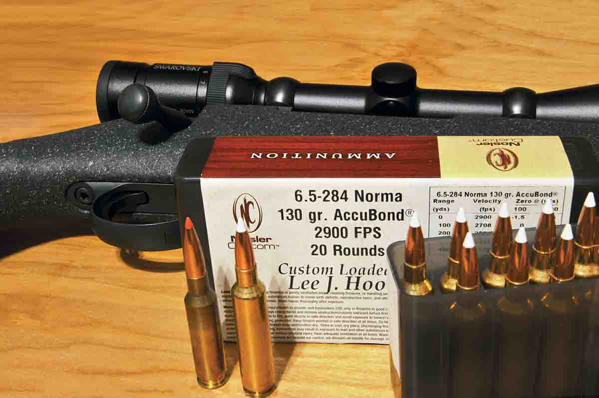 NoslerCustom 6.5-284 Norma 130-grain AccuBond loads are said to provide a muzzle velocity of 2,900 feet per second. At left is the 6.5 Creedmoor and at right is the 6.5-284 Norma. Note that there is little difference between the two cases.